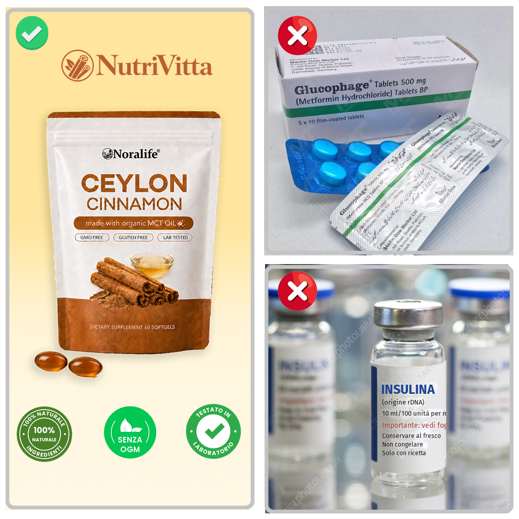 Prodotto NutriVitta accanto a insulina e flaconi di farmaci